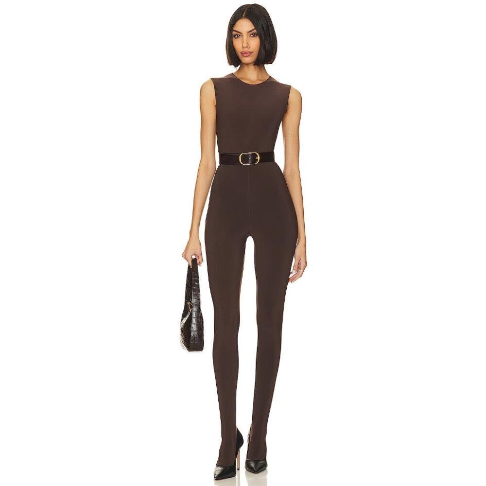 NORMA KAMALI Women's Sleeveless Catsuit With Footsie Size XXS/32 In Chocolate